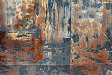 rusty surface close up, top view, shabby, worn, damaged iron wall
