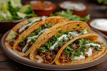 A plate of gorditas, thick corn tortillas stuffed with cheese, meat, and beans, topped with lettuce, crema, and salsa