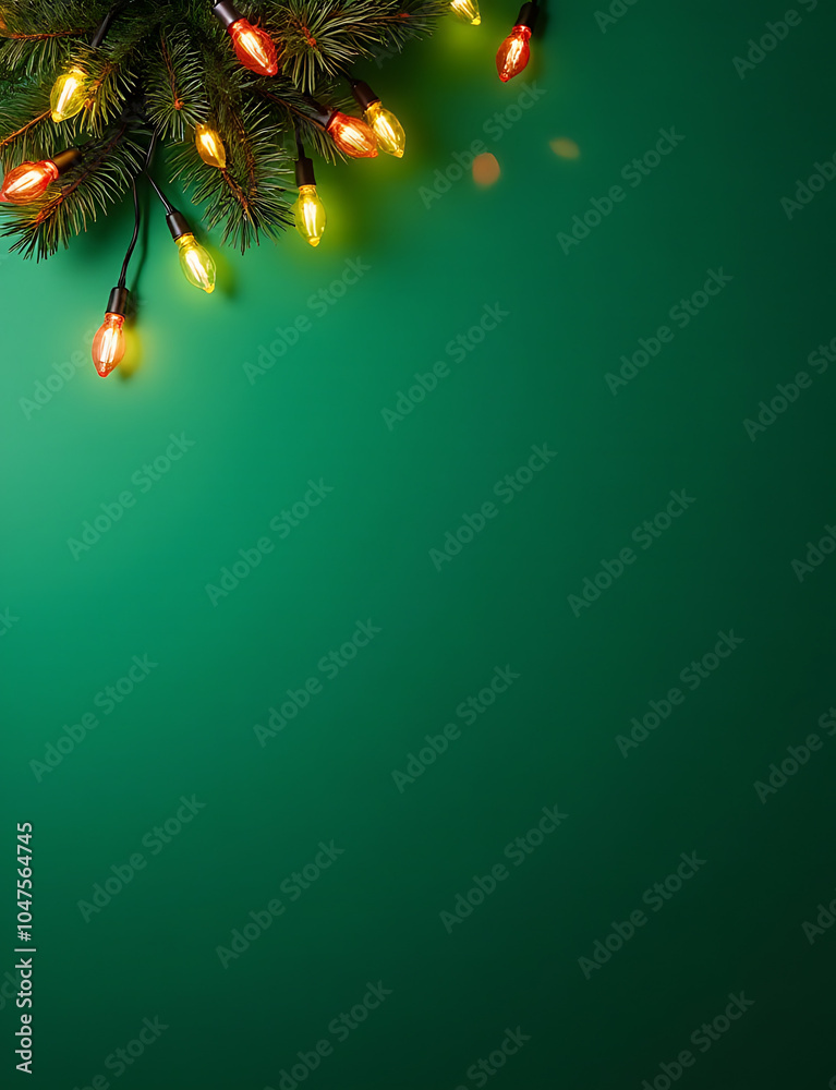 Aufkleber Lights are arranged around Christmas tree on a green background with flat lay space available for text and other content elements.