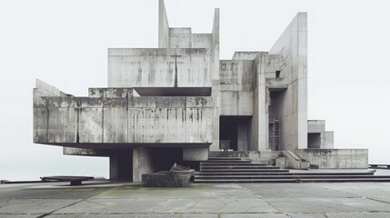 Obraz premium Brutalist Church Architecture, an imposing structure featuring bold concrete shapes, evokes tranquility and introspection within its minimalist, geometric design.