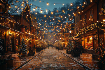 A town square decorated with holiday lights for MikoÅ‚ajki, representing the public celebration of the holiday season. Concept of public holiday displays.