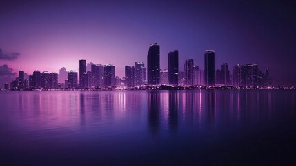 A cityscape with tall buildings reflected in the water at dusk.