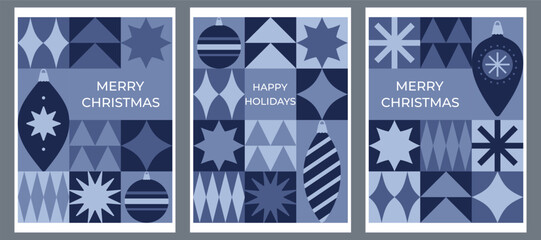 Set of Christmas greeting cards with geometric elements and christmas decoration in blue colors. Flat style. Template for winter holidays design. Vector illustration