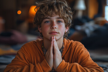 A teenager using breathing exercises to manage anxiety, illustrating practical tools for coping with mental health challenges. Concept of anxiety management.