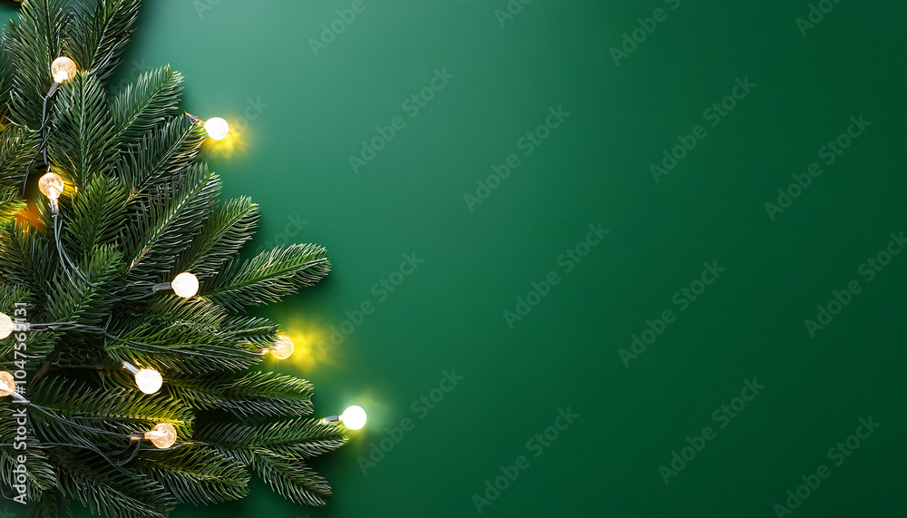 Poster lights are arranged around christmas tree on a green background with flat lay space availab_1(466)