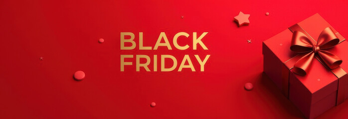 Naklejka premium Minimalist Black Friday Ad – Gold Black Friday Text on red Background