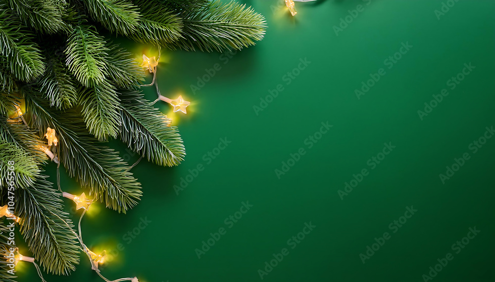 Poster lights are arranged around christmas tree on a green background with flat lay space availab_1(465)