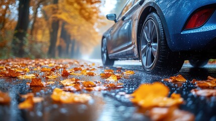 Cautious drive: vehicle carefully maneuvers on a slick road, illustrating the significance of maintaining control and awareness in adverse weather conditions to ensure safety and prevent accidents.