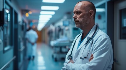 Obraz premium The oncologist stands thoughtfully in a hospital corridor, contemplating his duties late at night