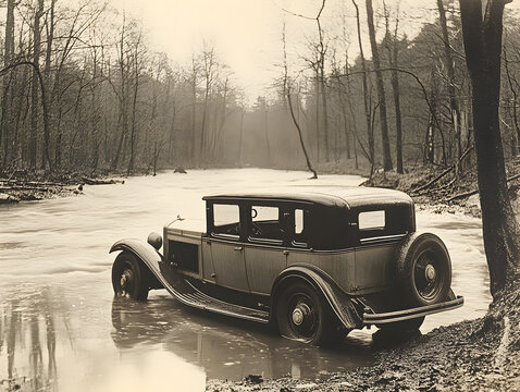 Fototapeta Vintage Car Reflected in Serene River Surrounded by Nature and Trees