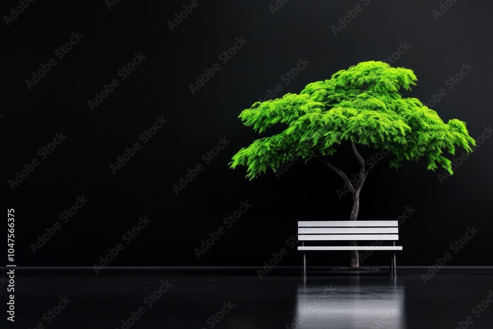 Aufkleber minimalist depiction of a park bench under a tree in a quiet neighborhood, with clean, open spaces a