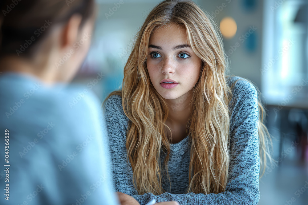 Poster A student attending an online therapy session, representing the growing use of telehealth for mental health support. Concept of telehealth for mental health.