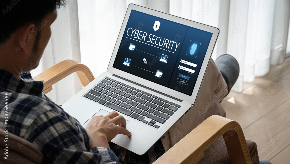 Poster cyber security system on computer screen protect private information snugly from hacker and cyber at
