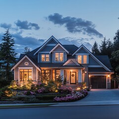 Naklejka premium Beautiful luxury home with lit garden at dusk, warm lighting