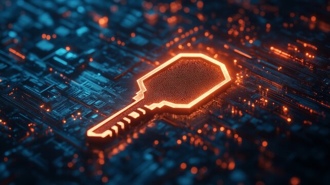 Digital key on a circuit board glowing in futuristic design