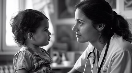 A mother engages with her child while visiting the pediatrician for a check up