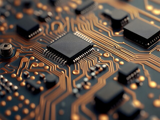 Futuristic Close Up of Circuit Board Technology and Microchip Components