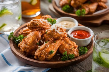 Fototapeta premium Parmesan Garlic Chicken Wings with Dipping Sauces and Fresh Herb Garnish