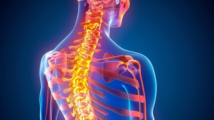 Ankylosing Spondylitis Visualization, illustrating vertebral fusion and limited spinal flexibility, emphasizing the condition's impact on mobility and posture.