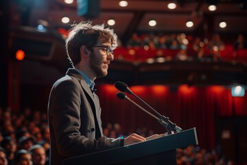 Obraz premium A young man speaks passionately from a podium while an audience listens intently