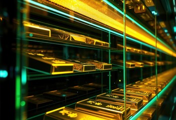 Fototapeta premium Glow of gold bars in safe storage