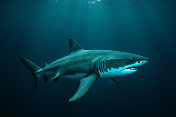 Naklejka premium glowing shark surfaces fierce movements underwater dark ocean depths suddenly appearing nowhere