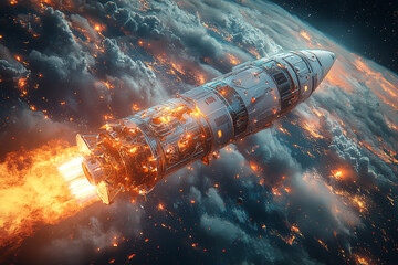 A space capsule returning to Earth after a mission, representing the successful completion of space journeys. Concept of space capsules.