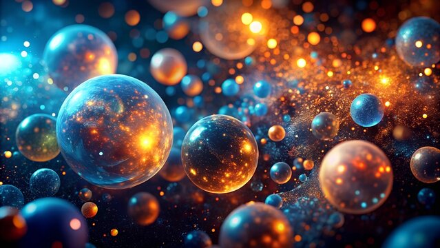 Abstract background with glowing cosmic spheres floating in space with blue and orange light. Design for tech, futuristic and science fiction themes. 