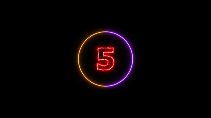 Abstract glowing neon light countdown purple 4k illustration. countdown icon red color circle on black background.