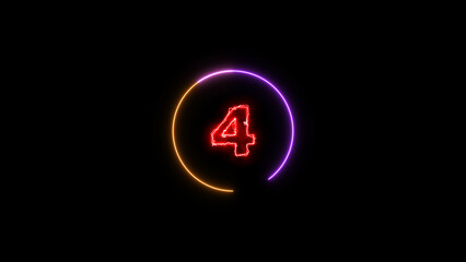 Abstract glowing neon light countdown purple 4k illustration. countdown icon red color circle on black background.