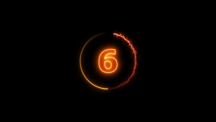 Abstract glowing neon light countdown orange color 4k illustration. countdown icon six orange circle  on black background.
