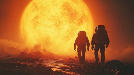 Astronauts exploring an alien landscape under a massive sun