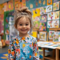 Joyful children's art class, vibrant colors fill the room, laughter and creativity abound, young artists express their imagination freely