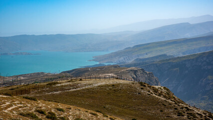 panoramic view of the Chirkeyskoye reservoir and mountains in Dagestan Russia
