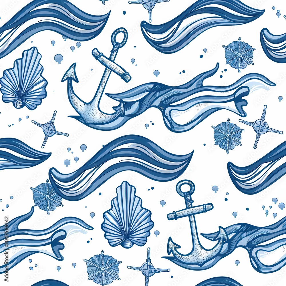 Poster this nautical pattern features anchors, seashells, and flowing waves in blue on a crisp white backgr