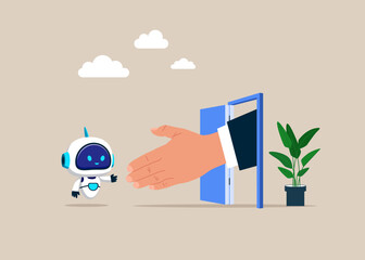 Big hand to invite the robot to enter the door. Onboarding technology, warm welcome to new office, orientation training on first day. Flat vector illustration