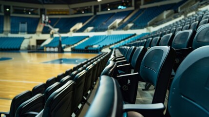 Fototapeta premium Empty blue seats in a basketball arena, eagerly awaiting fans for an exciting game. Court perspective showcases vast stadium interior, with hardwood floor and bleacher design adding to anticipation