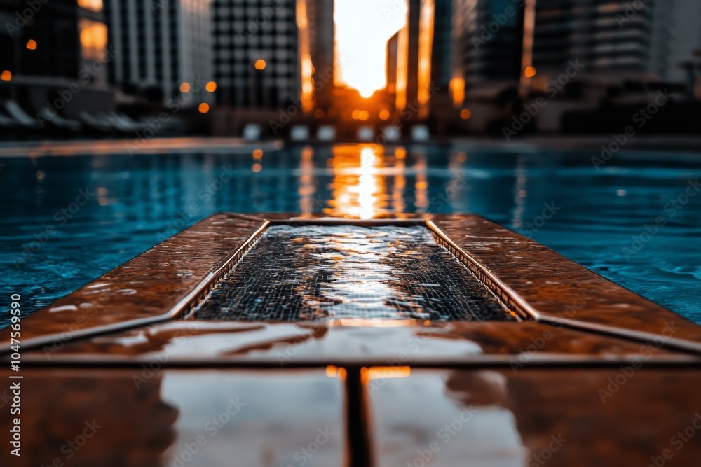 Poster simple geometric design of a luxury swimming pool on a rooftop, with minimal lines representing the 