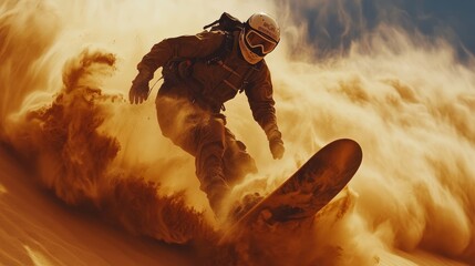 Thrilling experience of snowboarding on golden desert sands