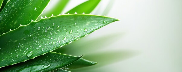 Fresh green aloe vera leaves glistening with water droplets, set against a soft, light background, showcasing their natural beauty and health benefits.