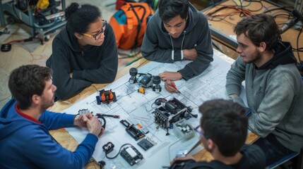 Diverse engineers collaborating on robotics, engaged in discussion around a table cluttered with mechanical components and detailed blueprints showcasing innovative designs