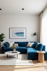 Fototapeta premium modern living room features blue velvet sofa modern art soft neutral decor bright stylish space minimalist aesthetic