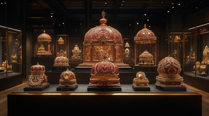 A display of ornate, jeweled crowns and other ceremonial objects in a museum setting.