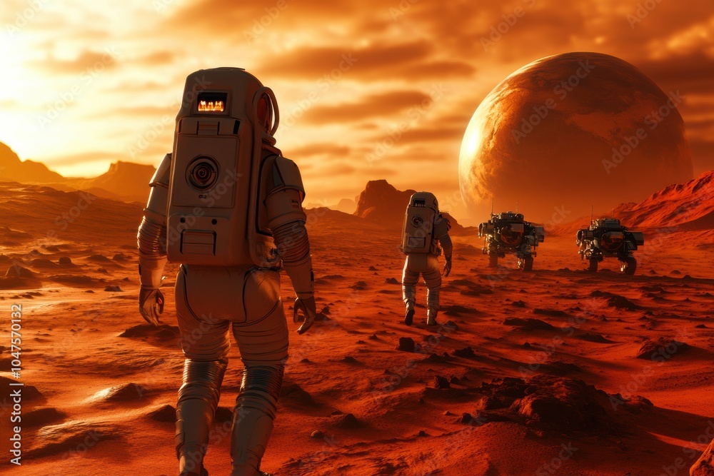 Poster a group of astronauts walks across a red, rocky terrain while rovers stand ready under a dramatic su
