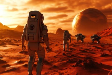 A group of astronauts walks across a red, rocky terrain while rovers stand ready under a dramatic sunset on an alien world. Generative AI