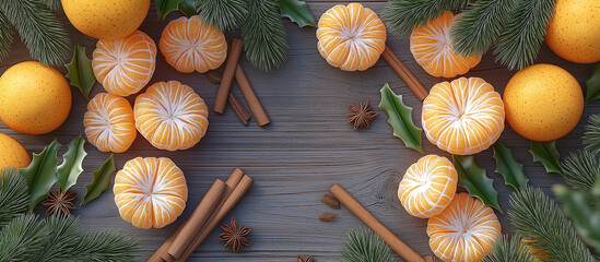 Christmas Arrangement of Mandarin Segments, Whole Mandarins, Cinnamon Sticks, and Pine Branches, generative ai
