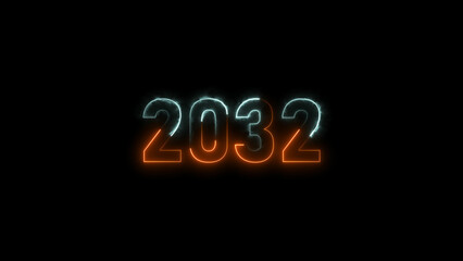  2032 neon glowing cyan and orange color 4k illustration. abstract glowing neon text icon 2032 on black background.