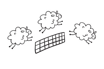 Doodle line cute sheep jumping over fence. Good night sleep poster. Counting sheep to fall asleep. 