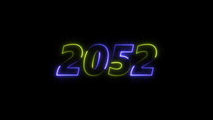  2052 neon glowing blue and green color animation. abstract glowing neon text icon 2052 on black background.
