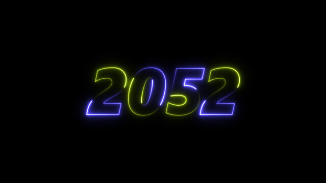  2052 neon glowing blue and green color animation. abstract glowing neon text icon 2052 on black background.
